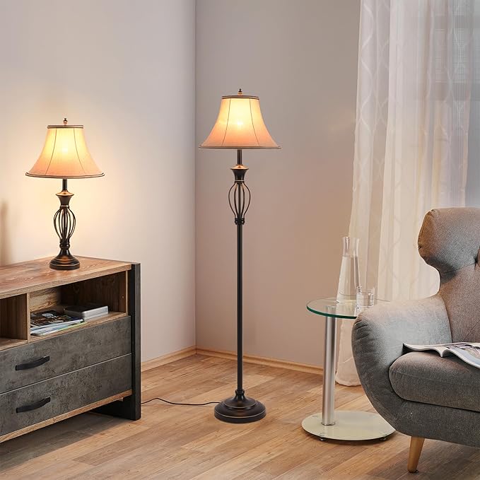 3 Pack Lamp Set, Living Room Light Set of 3, Floor and Table Lamp Set in Black Finish with Vintage Brown Fabric Light Shades, 26" and 61"(H), Solid Iron