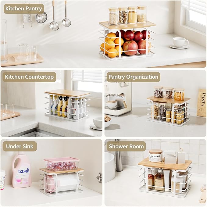 Potato and Onion Storage Bin,Kitchen Organizers Pantry Bin with Bamboo Top for Onion,Potato,Fruits,Vegetable,Produce Storage, White