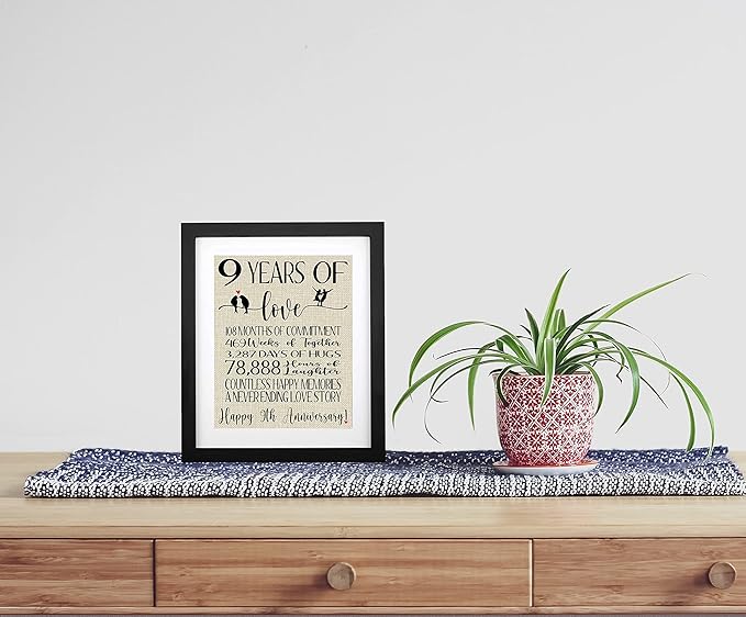 9 Years of Love Burlap Print Framed, Gifts for Husband & Wife 9th Wedding Anniversary, Romantic Decoration for Couple