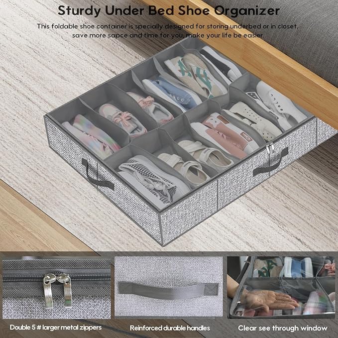 Onlyeasy Sturdy Under Bed Shoe Storage Organizers with Handles & Clear Window (16 to 32 Pairs) 2 Pack, Closet Shoes Containers Boxes for Kids & Adults, 37.7"x23.6"x5.9", Linen-like Grey, MXDUBS16P2