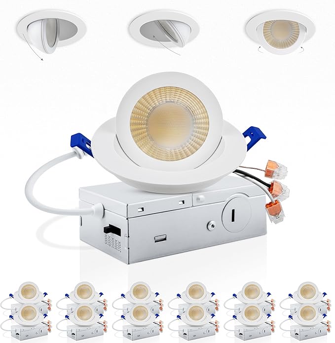 Adetu 3 Inch Gimbal Led Recessed Lighting, 360°+90° Adjustable Directional Recessed Lights, 2700K/3000K/3500K/4000K/5000K Dimmable Retrofit Eyeball Can Lights with Jbox,ETL (White, 12 Pack)
