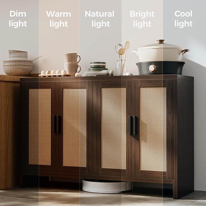 Rattan Buffet Cabinet with Storage, Sideboard Cabinet with Doors and Adjustable Shelves, Farmhouse Coffee Bar Station Table, Modern Wood Cupboard for Kitchen, Livingroom, Walnut