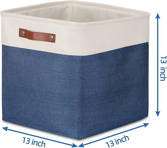 Temary Blue Storage Baskets for Shelves 13 Inch Cube Storage Bins 4Pack Fabric Cubes Basket with Handles for Organizing Shelf Baskets for Home Office Closet (White&Blue)