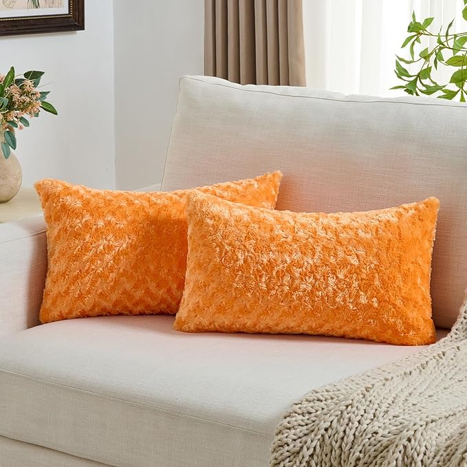 FUTEI Orange Decorative Throw Pillow Covers 12x20 Inch Set of 2,Soft Solid Rose Textured Lumbar Pillow Case,Modern Home Decor for Couch Sofa Bed Living Room
