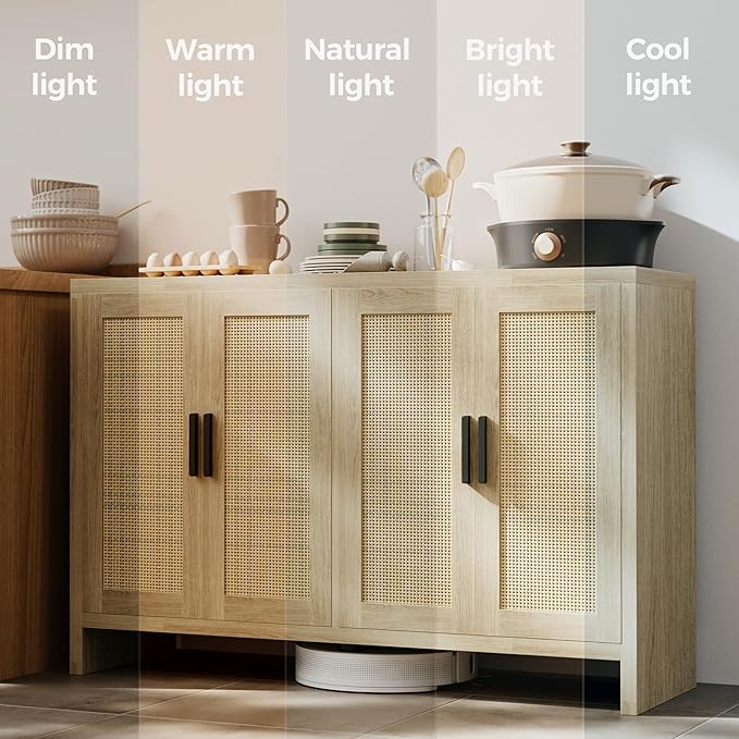 Rattan Buffet Cabinet with Storage, Sideboard with Doors, TV Stand, Farmhouse Side Board Coffee Bar, Modern Wood Storage Cabinets for Livingroom, Kitchen and Dining Room (Oak)