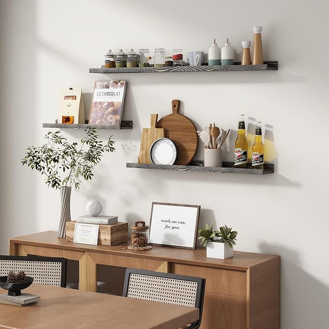 Picture Ledge Wall Shelves - 36 Inch Width Set of 3, Solid Pine Wood Rustic Floating Ledge Shelves for Kids' Room, Bedroom, Kitchen, Bathroom, Living Room, Nursery Display Wall Decor, Grey