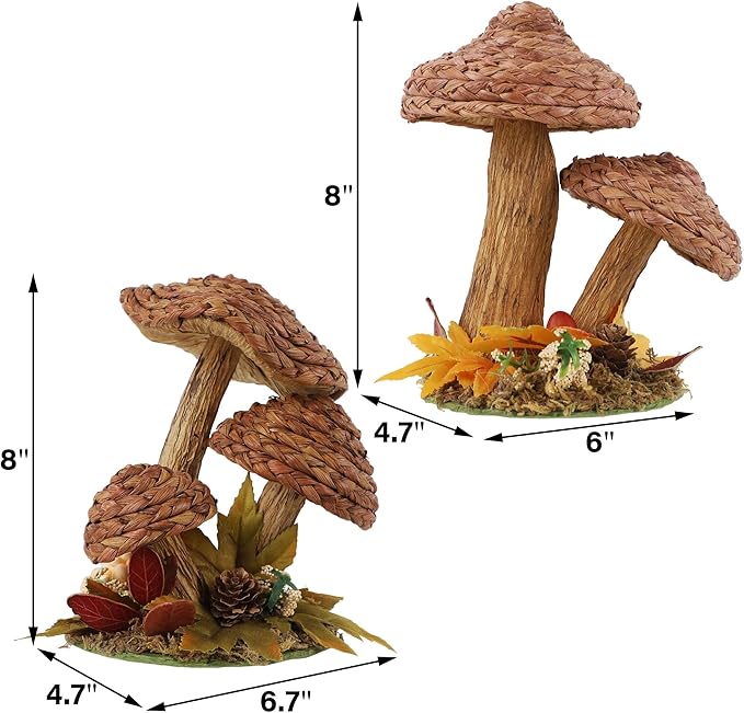 winemana 2 Pack Mushroom Fall Decor - Handmade Woven Mushrooms Figurines, Rustic Farmhouse Table Centerpieces for Thanksgiving, Autumn Home, Shelf & Kitchen Decor