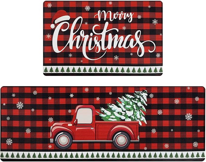 SHACOS Christmas Kitchen Rugs Set of 2 Anti-Fatigue Kitchen Mats Cushioned Red Plaid Christmas Truck Kitchen Rugs Buffalo Checker Kitchen Mats and Rugs for Xmas 17"x27.5"+17"x47"
