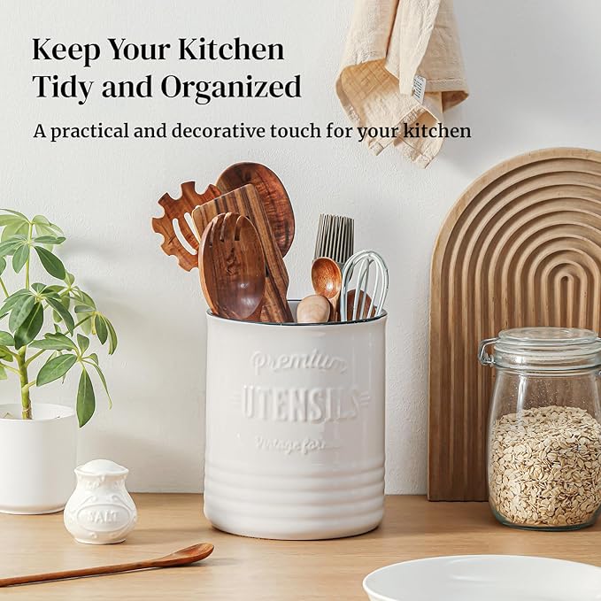 DOWAN Kitchen Utensil Holder, 7.2″ Extra-Large Ceramic Stable Utensil Caddy, Rustic Cooking Utensil Crock for Farmhouse Kitchen Décor, Utensil Holder for Countertop (White with devider, 7.2 Inch)