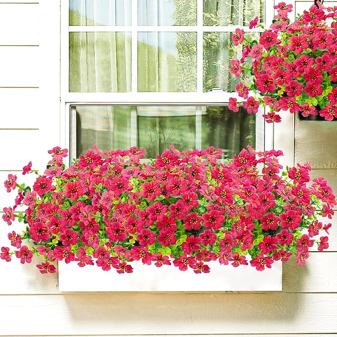 Agusbagli 10 Bundles Artificial Flowers Outdoor UV Resistant Fake Flowers No Fade Faux Plastic Greenery Shrub Plants for Wedding Home Garden Window Box Fireplace Thanksgiving Christmas Decor, Rose Red