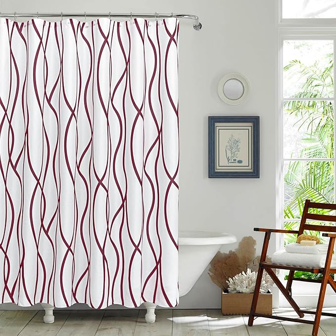 Biscaynebay Textured Fabric Shower Curtain for Bathroom 72 Wx72 L, Burgundy Printed Striped Linen Modern Hotel Luxury Quality Cloth Bathroom Curtains Machine Washable