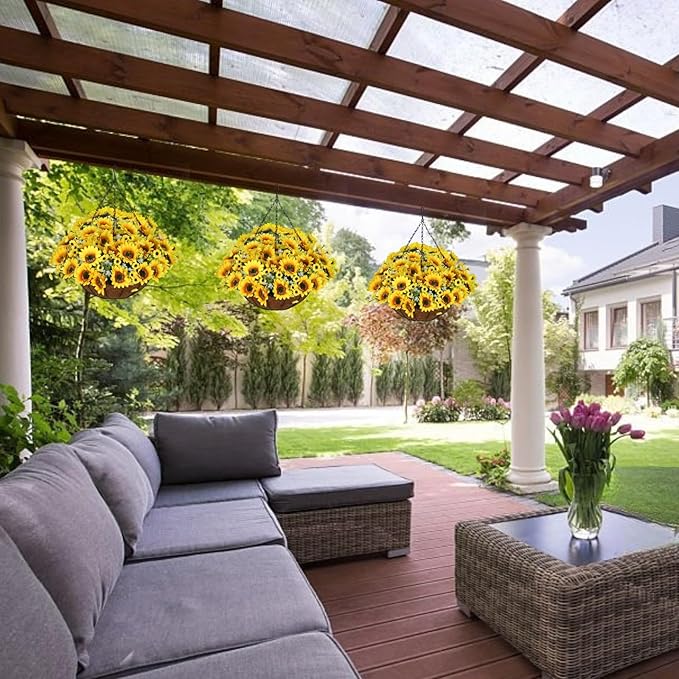 Artificial Hanging Flowers Basket, Fake Plants, Faux Silk Sunflower, for Spring Summer Outdoor Decoration, UV Resistant, Coconut Planter, Look Real for Patio Garden Yard Decor