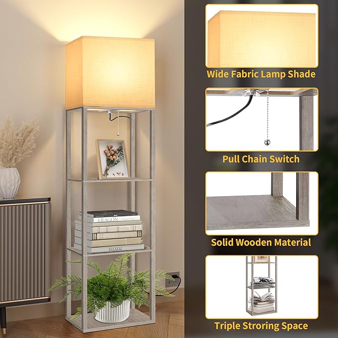 Dott Arts Floor Lamp with Shelves, Wide Floor Lamps for Living Room Display Shelf Lamps with 3 Color LED Bulb,Storage Wood Modern Floor Lamp for Bedroom Standing Lamp for Living Room Office（Grey）