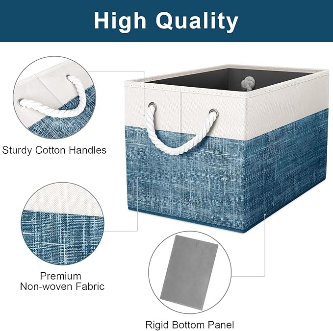 Fab totes Storage Bins [3-Pack], Foldable Storage Baskets for Organizing Toys, Books, Shelves, Closet, Large Storage Box with Rope Handles, Sturdy Organizer Bins, White & Blue