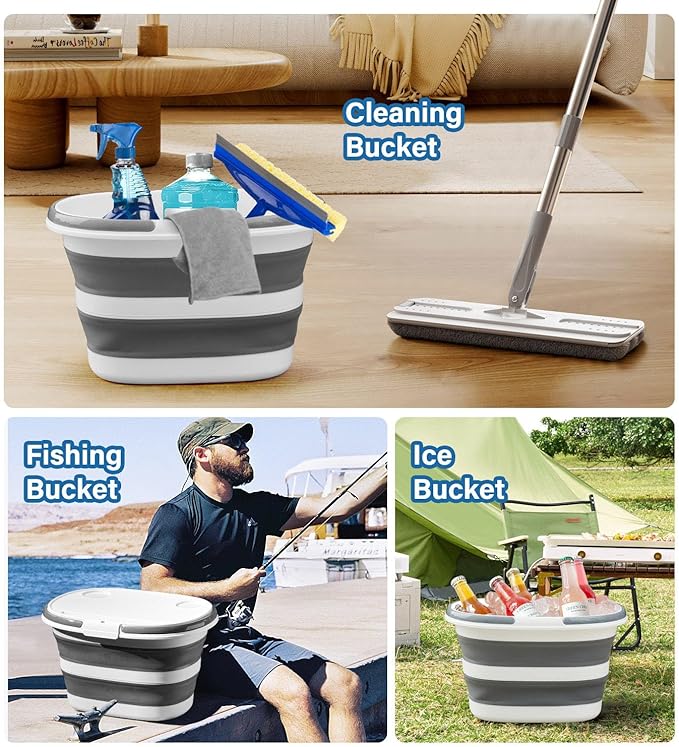 Lesipee Upgraded 16L Collapsible Mop Bucket with Multi-Functional Lid, 4-in-1 Foldable Silicone Tub with Table Surface, Floor Stand, Space Saving 4.2 Gallon Storage Solution for Home & Outdoor