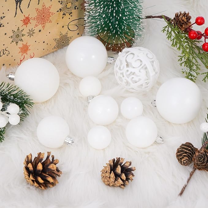 Christmas Balls Tree Ornaments, Shatterproof Christmas Decorations Set with Reusable Hand-held Gift Package for Holiday Xmas Tree Decor(White)