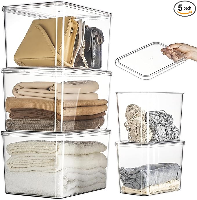 Lidded Plastic Storage Bins Set Clear Desk Basket Box Organizer Kitchen Container Clothes Laundry Closet Cabinet Shelf, Organization and Storage for Shelves Office Bathroom(clear 3XL+2M)