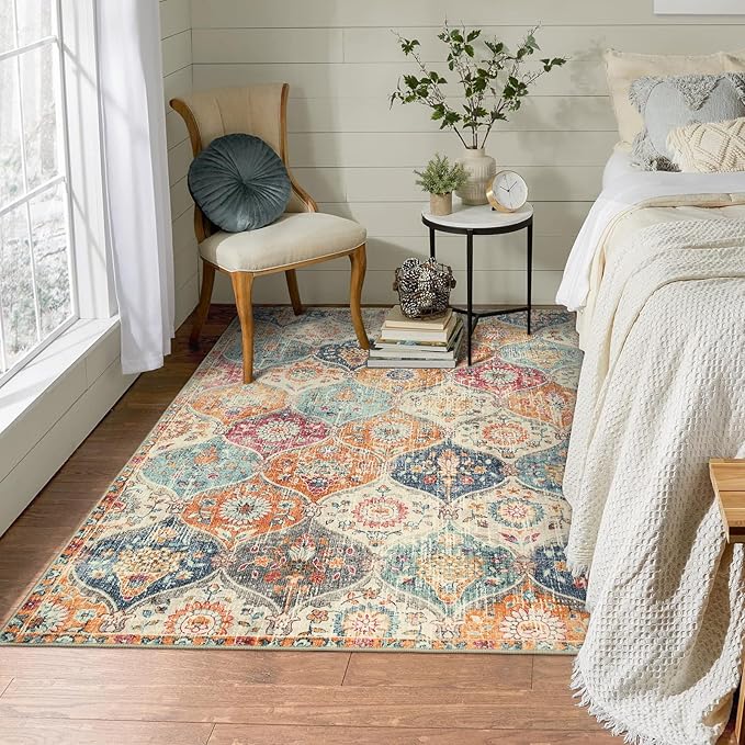 Lahome Moroccan Trellis Washable Small Area Rug, 3x5 Area Rug for Bedroom Living Room, Non-Slip Oriental Accent Throw Carpet for Kitchen Office Entryway Bathroom Office, Cream/Multi