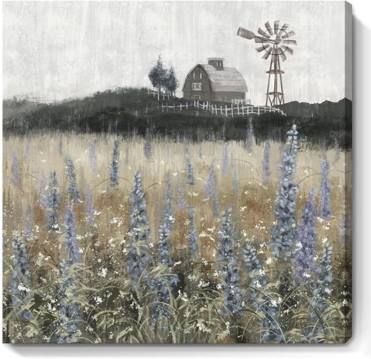 Bathroom Wall Art Vintage Farmhouse Canvas Print Retro Countryside Flower Field Nature Meadow Landscape Rustic Windmill Barn Picture Framed Artwork for Home Bedroom Living Room Black Purple 14x14inch