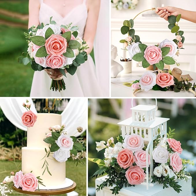 AmyHomie 25pcs Real Looking Artificial Shades of Blush Roses w/Stem for DIY Wedding Bouquets Centerpieces Arrangements Party Baby Shower Home Decorations