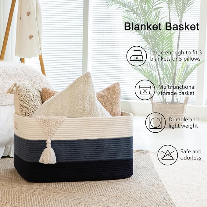 OIAHOMY 108L Large Cotton Rope Basket, Rectangle Woven Baskets for Storage, Nursery Blanket Storage Living Room, Toy Basket With Handle-25”x16”x16”-Gradient Blue
