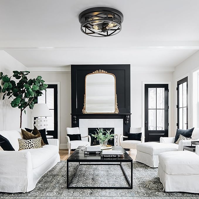 13 inch Black Flush Mount Ceiling Light Fixtures,3-Light Industrial Farmhouse Ceiling Light Fixture，Black Light Fixture Ceiling Mount for Kitchen Bedroom Living Room Hallway 1 Pack