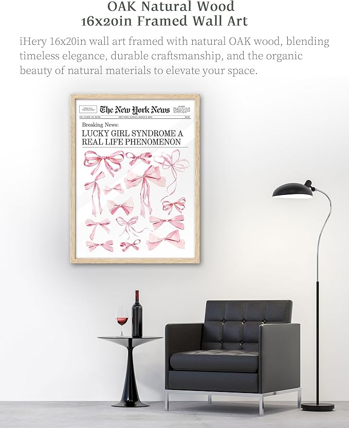 iHery Natural OAK Wood Trendy Retro Newspaper Framed Wall Art, Large 16x20 in Pink Bow Poster Vintage Canvas Wall Art, Beige Frame Lucky Girly Bedroom Bathroom Coquette Living Room Décor Set of 1