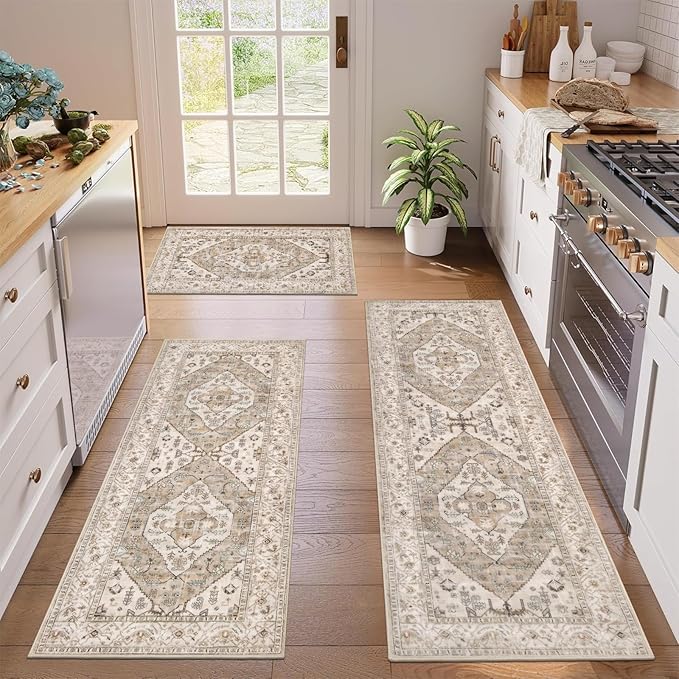Pauwer Kitchen Mats for Floor 3 Piece Set Boho Non Slip Kitchen Rugs Washable Farmhouse Kitchen Floor Mats Thick Long Kitchen Throw Area Rug Carpet Runner for Hallway Laundry Bathroom, Brown Beige
