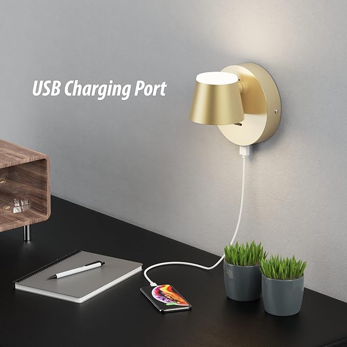 URSOLA Wall Light LED Wall Sconce with On/Off Switch USB Charging Port 110 Volt Hardwired Wall Lamp 350 Rotatable Up Down Sconces Wall Lighting (Champaign)