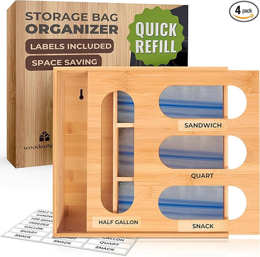 Bamboo Storage Bag Organizer, Sandwich Bag Organizer - Single block Design with Labels Included, Baggie Organizer for drawer, Quick Refill Slider, Compatible with Half Gallon, Quart, Snack size bags