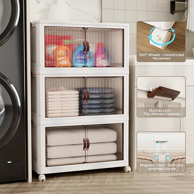 Jalove 90Gal Large Storage Bins with lids, 360QT Plastic Stackable Storage Containers with Wheels, Collapsible Closet Organizer and Storage Drawers,Clothes Organization for Cabinet Home, 3Pack White