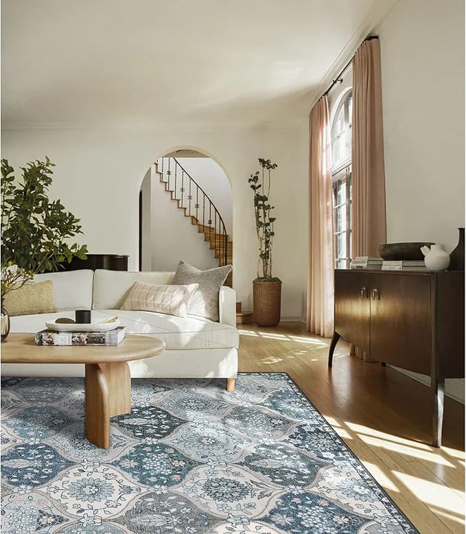 Lahome Moroccan Trellis Washable Area Rug, 5x7 Rugs for Living Room Bedroom, Indoor Non-Slip Oriental Accent Throw Large Carpet for Kitchen Entryway Bathroom Office, Blue