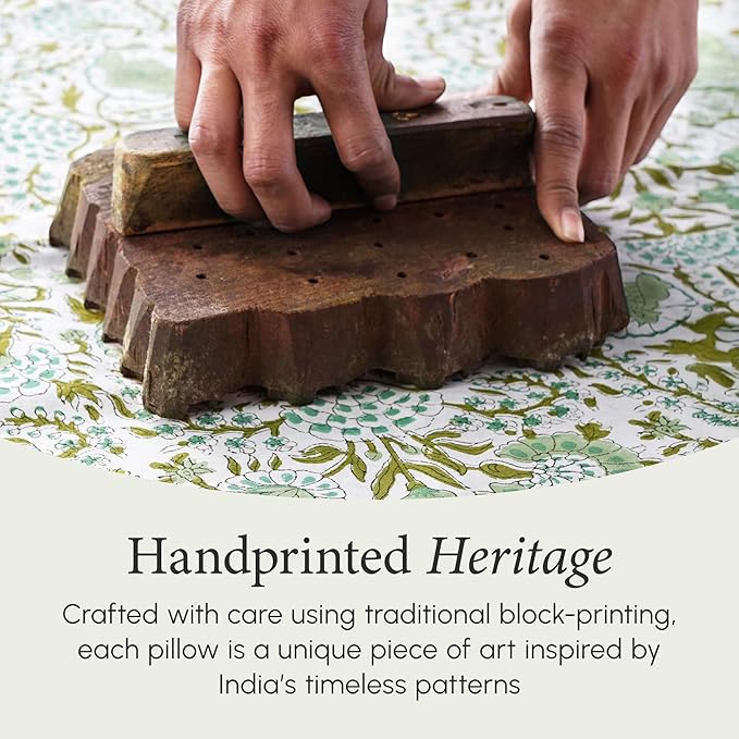 CPC 100% Cotton Throw Pillow Covers 20x20 Inch, Set of 2 Green Block Print Pattern Couch Pillow, Cute Boho Decorative Pillows for Living Room, Bedroom with Hidden Zipper- Agate Green