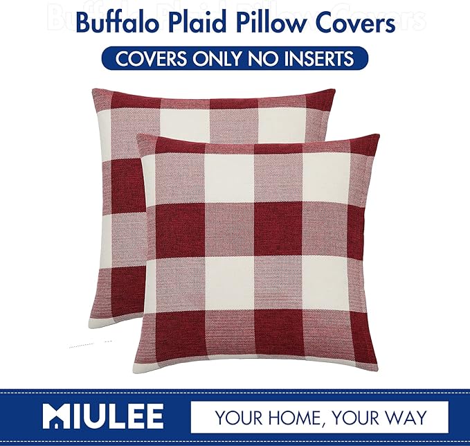 MIULEE Pack of 2 Farmhouse Checkers Buffalo Plaids Polyester Linen Soft Soild Square Throw Pillow Covers Home Decor Outdoor Cushion Case for Sofa Bedroom Outdoor 20 x 20 Inch Red and White