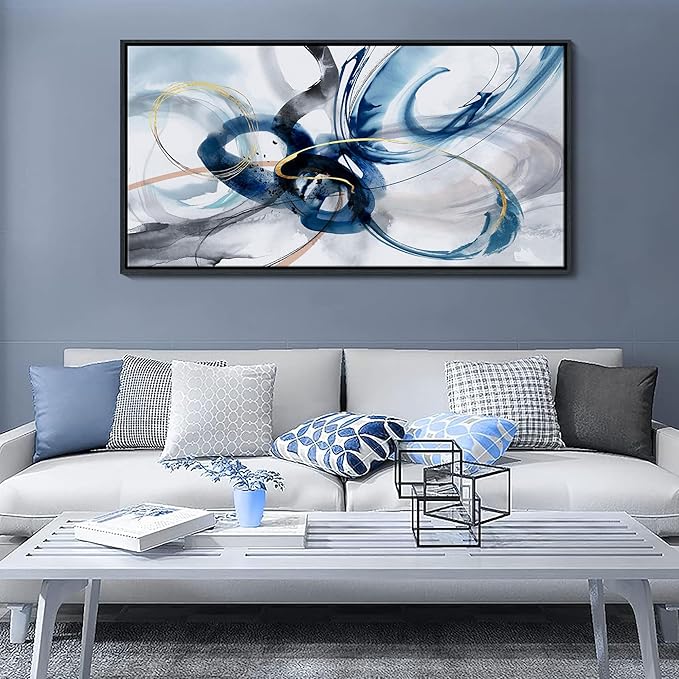 KLAKLA Large Wall Art for Living Room - Abstract Wall Decor Framed Picture Artwork for Wall Decorative Paintings Blue and White Modern Office Bedroom Art