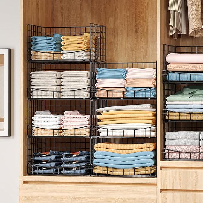 JKsmart 4-Tier Stackable Closet Organizers and Storage Shelves, Extend Clothing Closet Shelf Bins for Jeans Pants Sweaters - Wardrobe Cupboard Clothes Organizer System-Wider Mouth Design