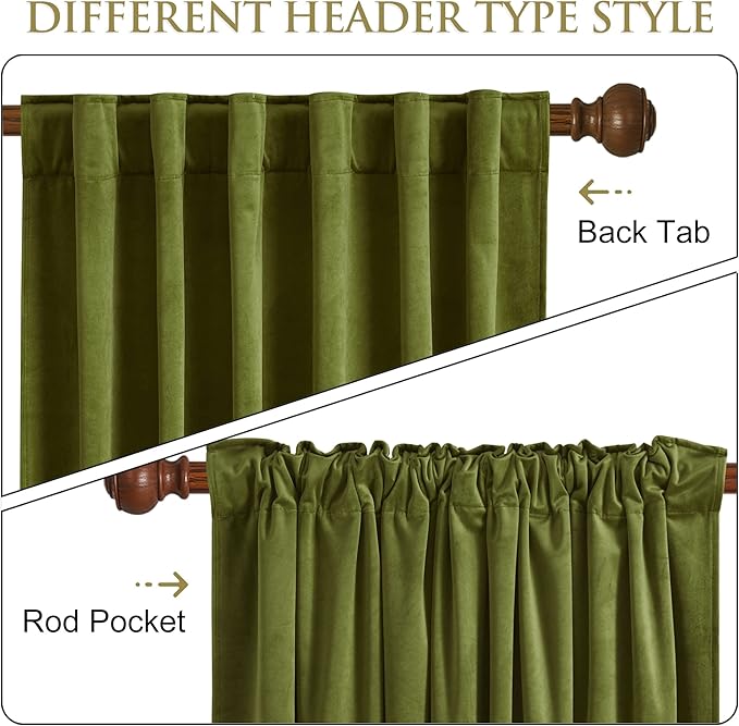 StangH Olive Green Velvet Curtains for Bedroom, Light Blocking Thermal Insulated Velour Drapes for Living Room/Farmhouse/Office, W52 x L84, 2 Panels