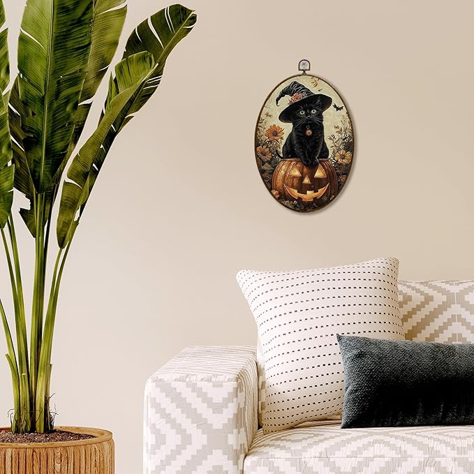 JQF Vintage Halloween Witchy Black Cat Oval Wall Art, Dark Academia Gothic Witch Pumpkin Oval Canvas Wall Art, Halloween Fall Framed Prints Hanging Decor for Home Bedroom Living Room, 8.5x11.5 Inch