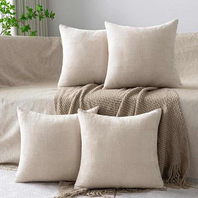 Set of 4 Soft Textured Decorative Throw Pillow Covers 24x24 Inch Cozy Farmhouse Cushion Cover Square Accent Pillow Cases for Bed Couch Sofa Living Room, Light Beige
