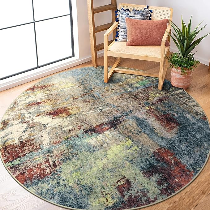 Lahome Modern Abstract Round Rug 5ft - Washable 5x5 Circle Rugs for Bedroom Dining Table Non Slip Non-Shedding, Soft Floor Carpet for Living Room Nursery Dorm Kitchen,Red/Multi