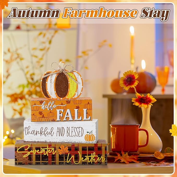 Geelin 4 Pcs Fall Decorations Autumn Wooden Sign Pumpkin Thanksgiving Maple Leaves Table Centerpiece Tiered Tray Decor Hello Fall Wood Blocks Tiered Tray Decor Table Top Sign for Home