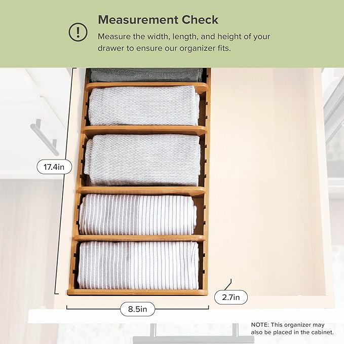 Bamboo Kitchen Towel and Food-Storage Organizer, Perfect for Kitchen Drawers, Cabinets, Pantry, 5 Adjustable Wall Inserts, Organize & Store Plastic Food Containers