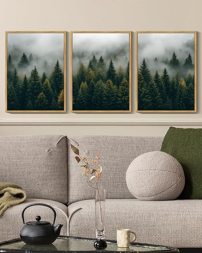 KUVIOKE Green Fog Pine Tree Landscape Framed Wall Art Nature Nordic Misty Forests Prints Morden Farmhouse Bedroom Living Room Ready to Hang 12x16in (Natural Framed)
