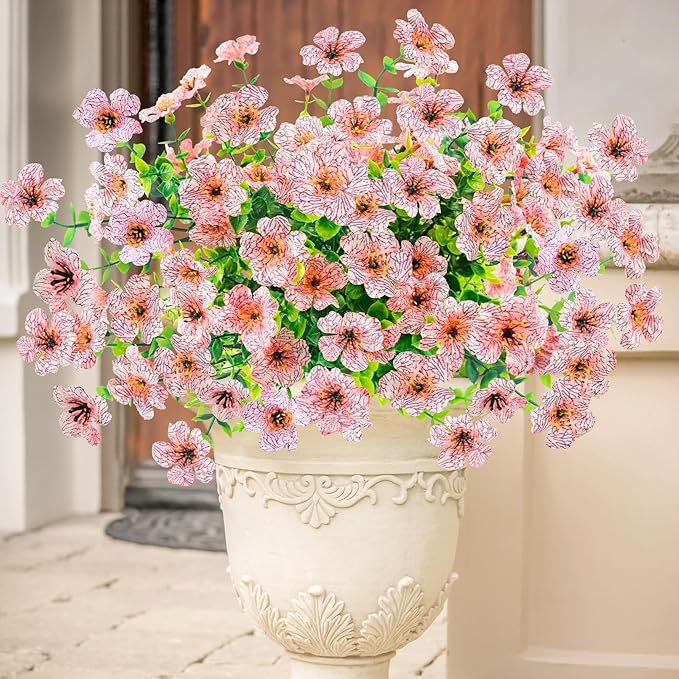 Agusbagli 10 Bundles Artificial Flowers Outdoor UV Resistant Fake Flowers No Fade Faux Plastic Greenery Shrub Plants for Wedding Home Garden Window Box Fireplace Thanksgiving Christmas Decor, Pink