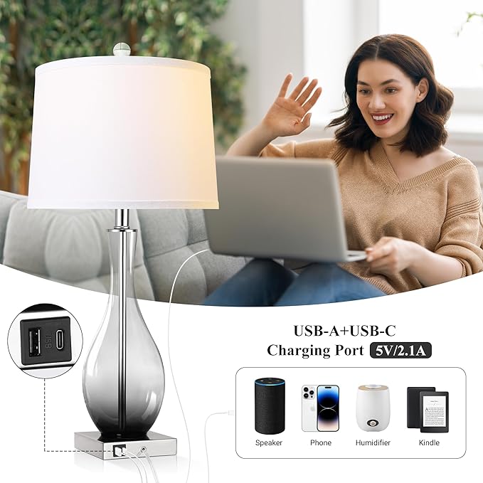 Table Lamps Set of 2 with Touch Control, 3-Way Dimmable Modern Glass Table lamp for Living Room with USB C and A Charging Ports， 27" Bedside Desk Lamps for Nightstand Decorations(LED Bulbs Included)