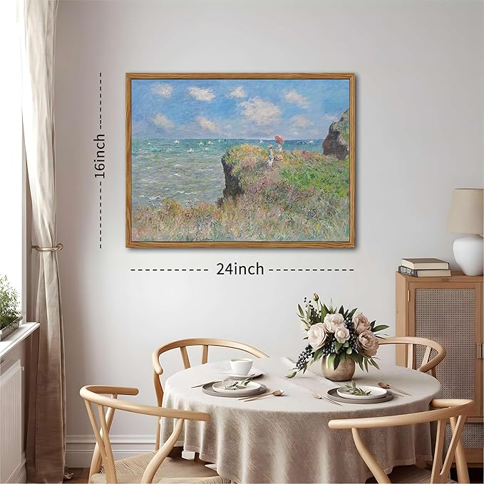 Framed Vintage Monet Wall Art Coastal Decor – Impressionist Seaside Oil Painting Canvas Prints – Nature Beach Scene Landscape Aesthetic Wall Decor for Living Room Bedroom Bathroom – 16"x24"