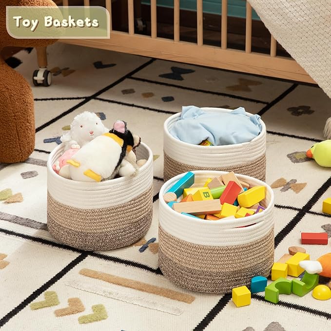 OIAHOMY Small Storage Baskets for Organizing,Closet Cube Shelf Storage, 9.8”×9.8”×7.1”, Woven Cotton Rope Gift Baskets for Nursery,Cute Dog Toy bins, Round 3 Packs, Gradient Brown
