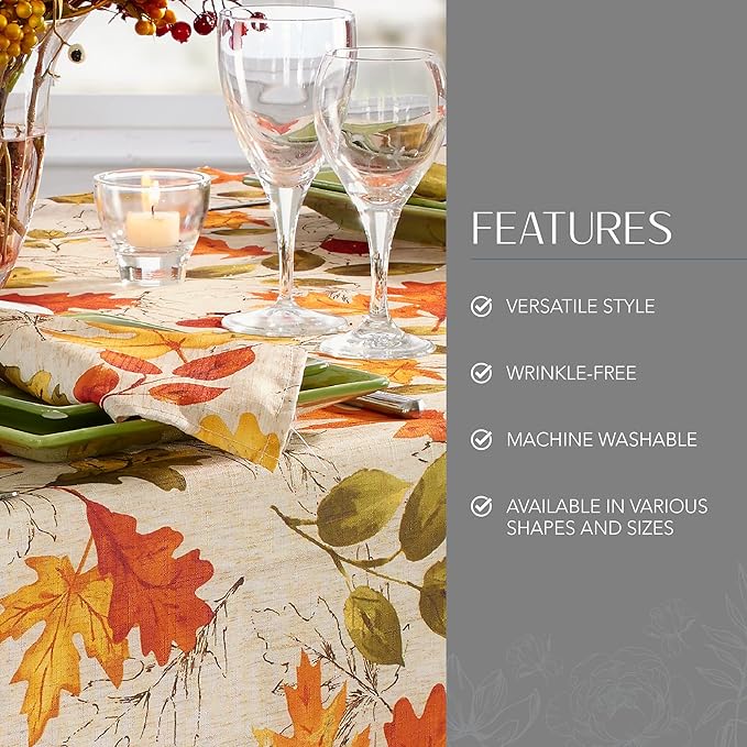 Elrene Home Fashions Autumn Leaves Fall Printed Wrinkle Resistant Tablecloth, Holiday Table Cover for Formal or Everyday Use, 52"x52" Square