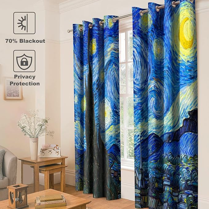 Jekeno Starry Night Blackout Curtains Art Decor for Home Bedroom Living Room Darkening Curtains Grommet Window Drapes 2 Panel Set, 52"x63"