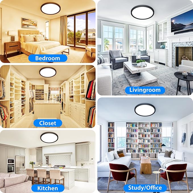 Peasur 12 inch LED Ceiling Light, 3000K/3500K/4000K/5000K/6500K Adjustable Flush Mount Light Fixture,3200LM 28W Thin Black Round Lamp for Hallway Kitchen Bathroom Bedroom, 2Pack